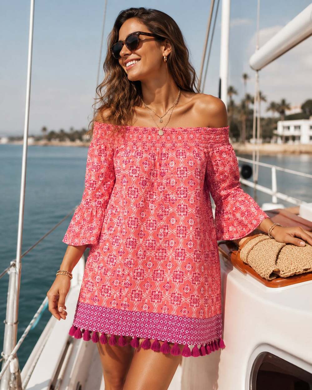 Cabana Life Coral Gables Coverluxe Smocked Dress UPF 50 Boho Resort Off Shoulder